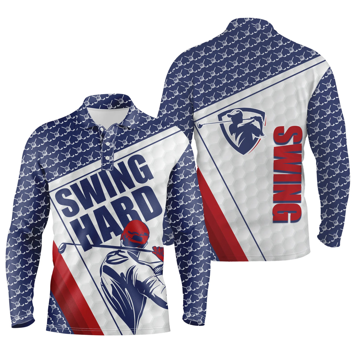 Polo golf manches longues unisexe Swing Hard, design dynamique avec motifs balles de golf et bandes rouges