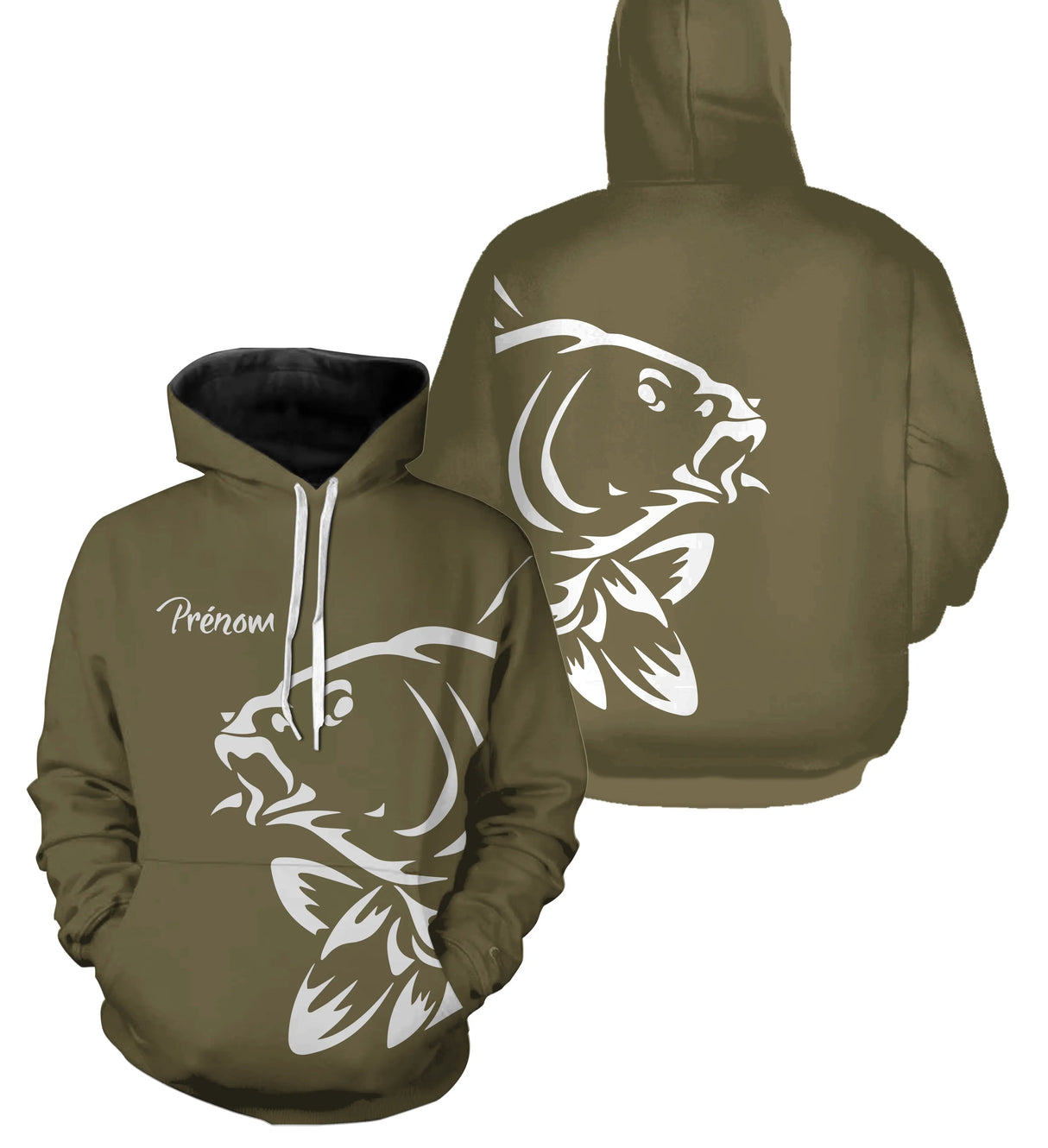 Sweat à capuche pêche carpe kaki personnalisé silhouette blanche et prénom calligraphié