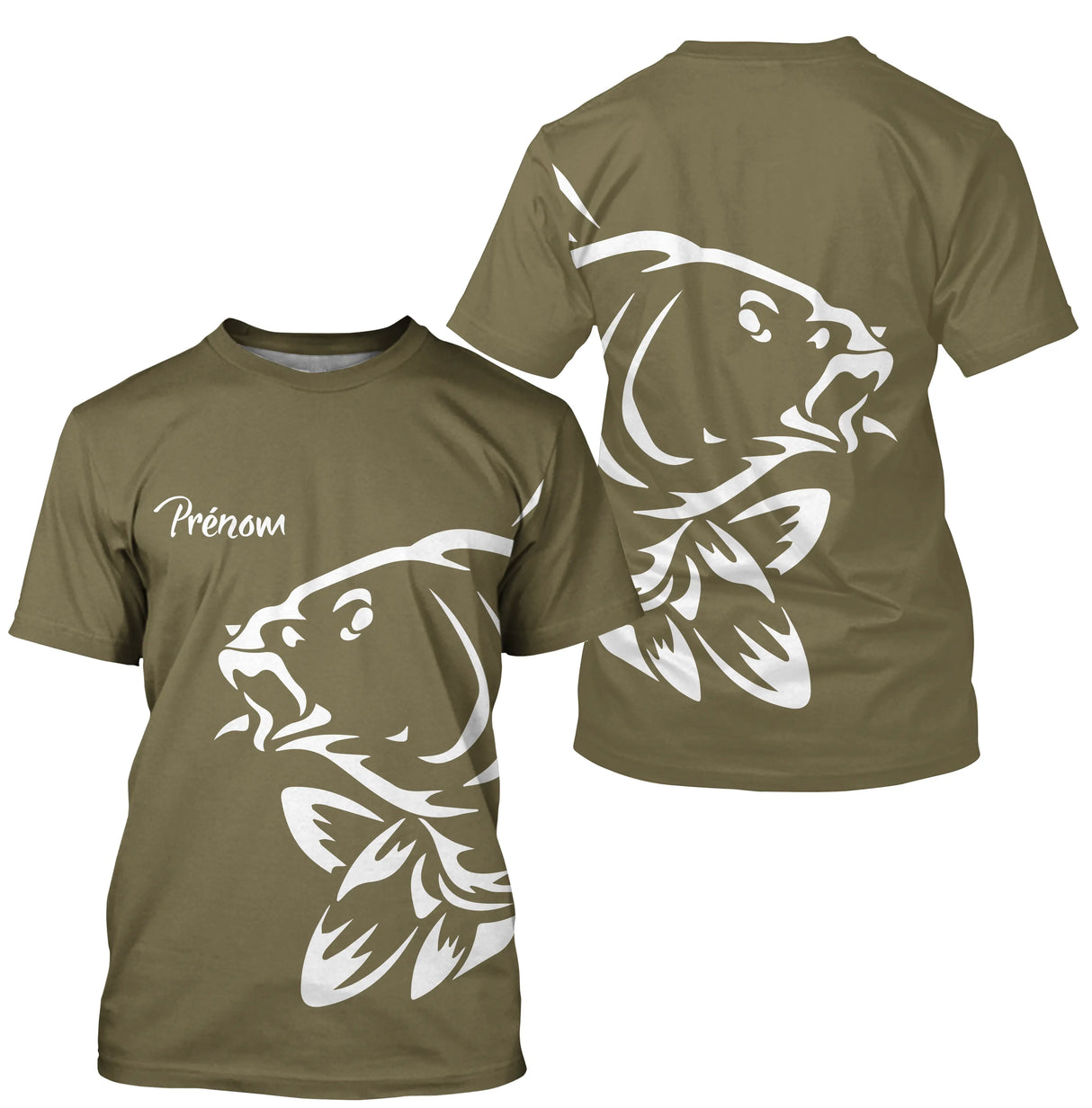 T-shirt pêche carpe personnalisé kaki avec silhouette blanche de carpe et prénom calligraphié