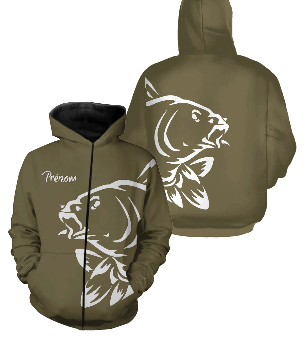 Sweat à capuche zippé pêche carpe kaki silhouette blanche design halieutique épuré et prénom