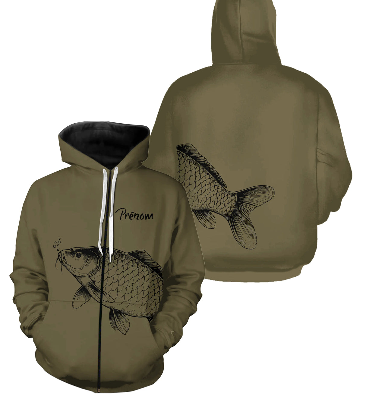 Sweat à capuche zippé pêche carpe kaki personnalisé design halieutique carpe et prénom