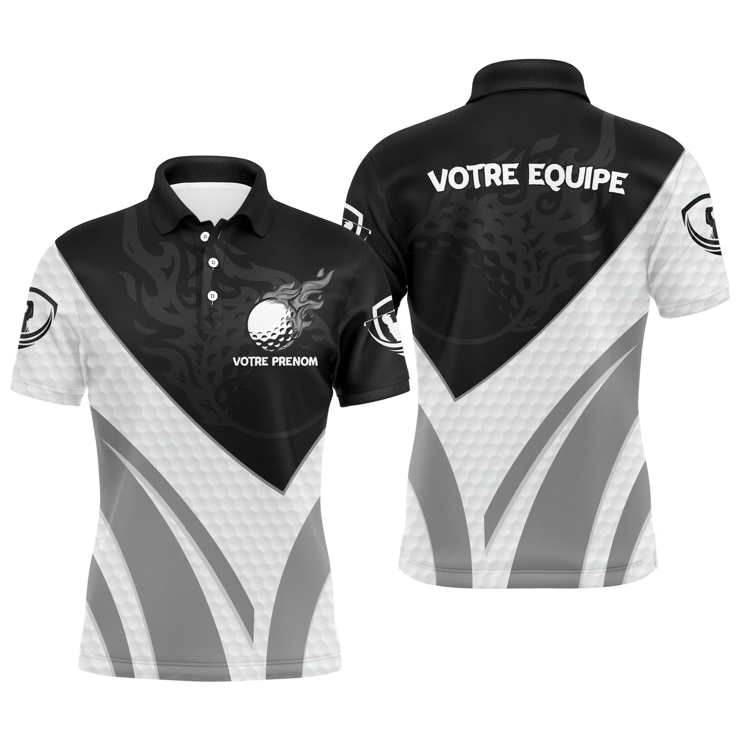 Polo de Golf Personnalisé Homme & Femme – Manches Courtes ou Longues, Design Noir et Gris Équipe & Prénom - A10092406 - Polo Homme