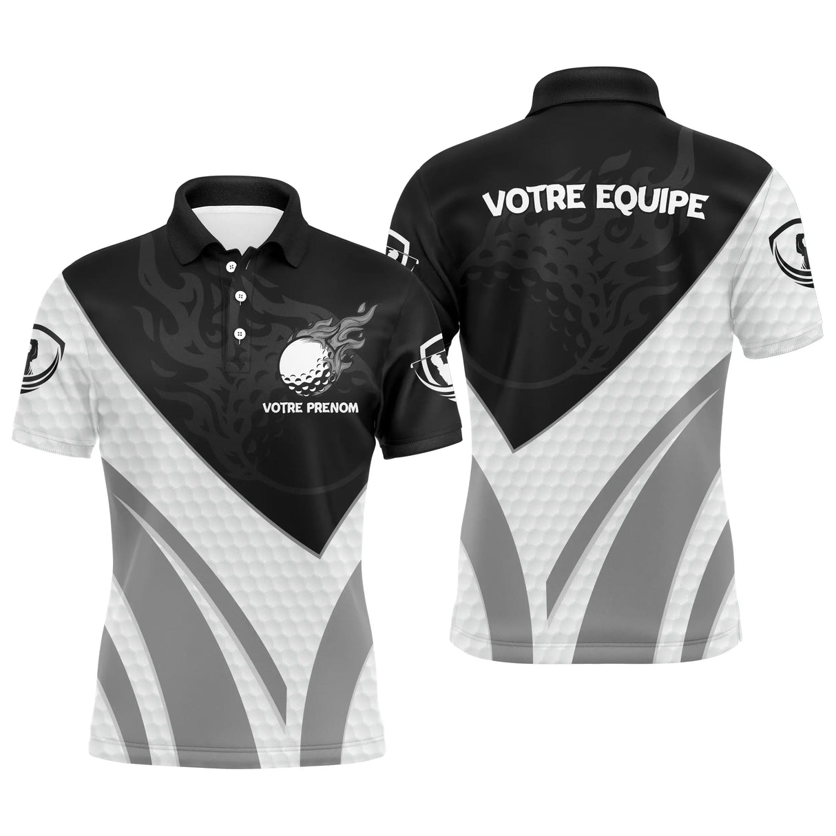 Polo golf personnalisé homme noir et blanc avec balle de golf enflammée et texture alvéoles caractéristique