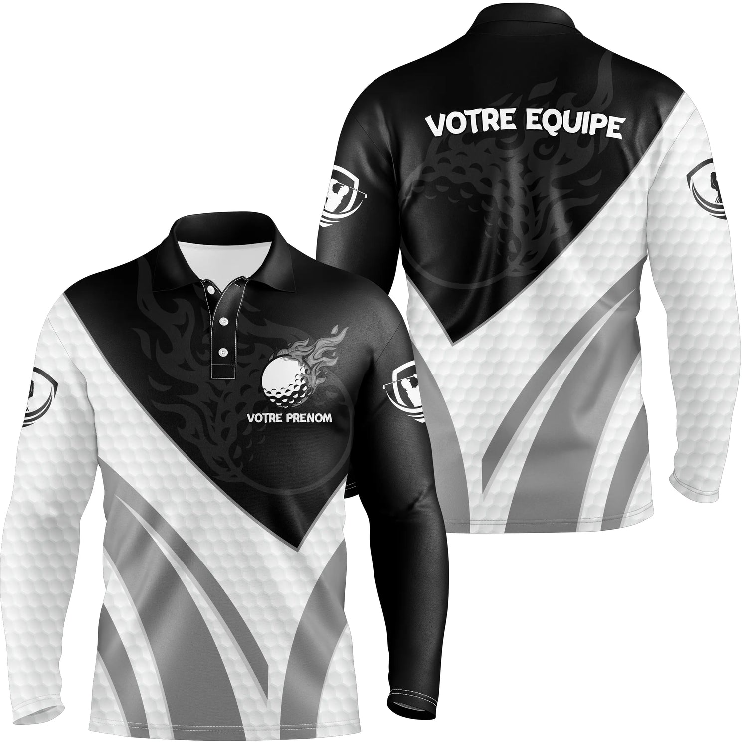 Polo de Golf Personnalisé Homme & Femme – Manches Courtes ou Longues, Design Noir et Gris Équipe & Prénom - A10092406 - Polo manches longues Homme