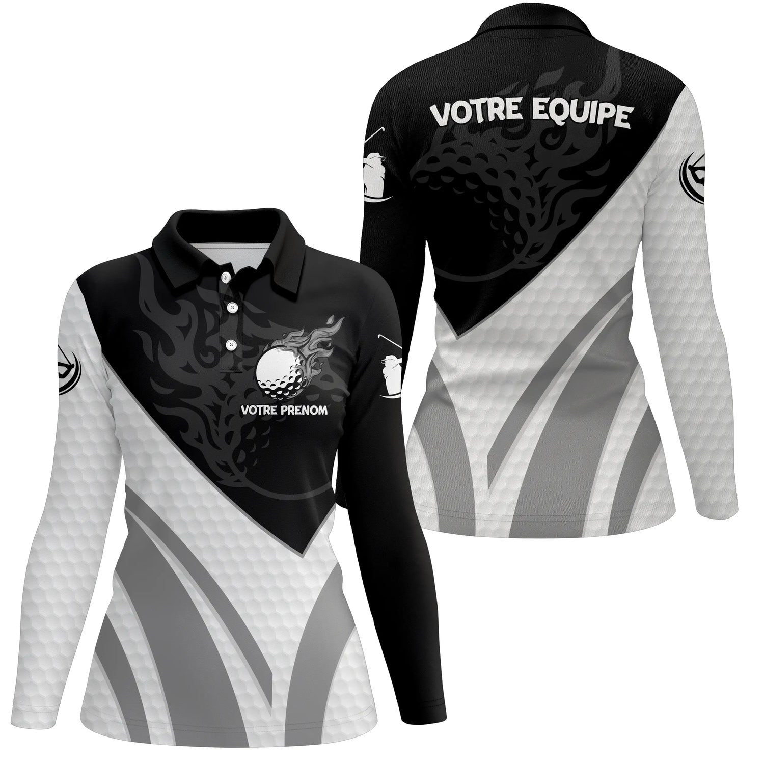 Polo de Golf Personnalisé Homme & Femme – Manches Courtes ou Longues, Design Noir et Gris Équipe & Prénom - A10092406 - Polo manches longues Femme