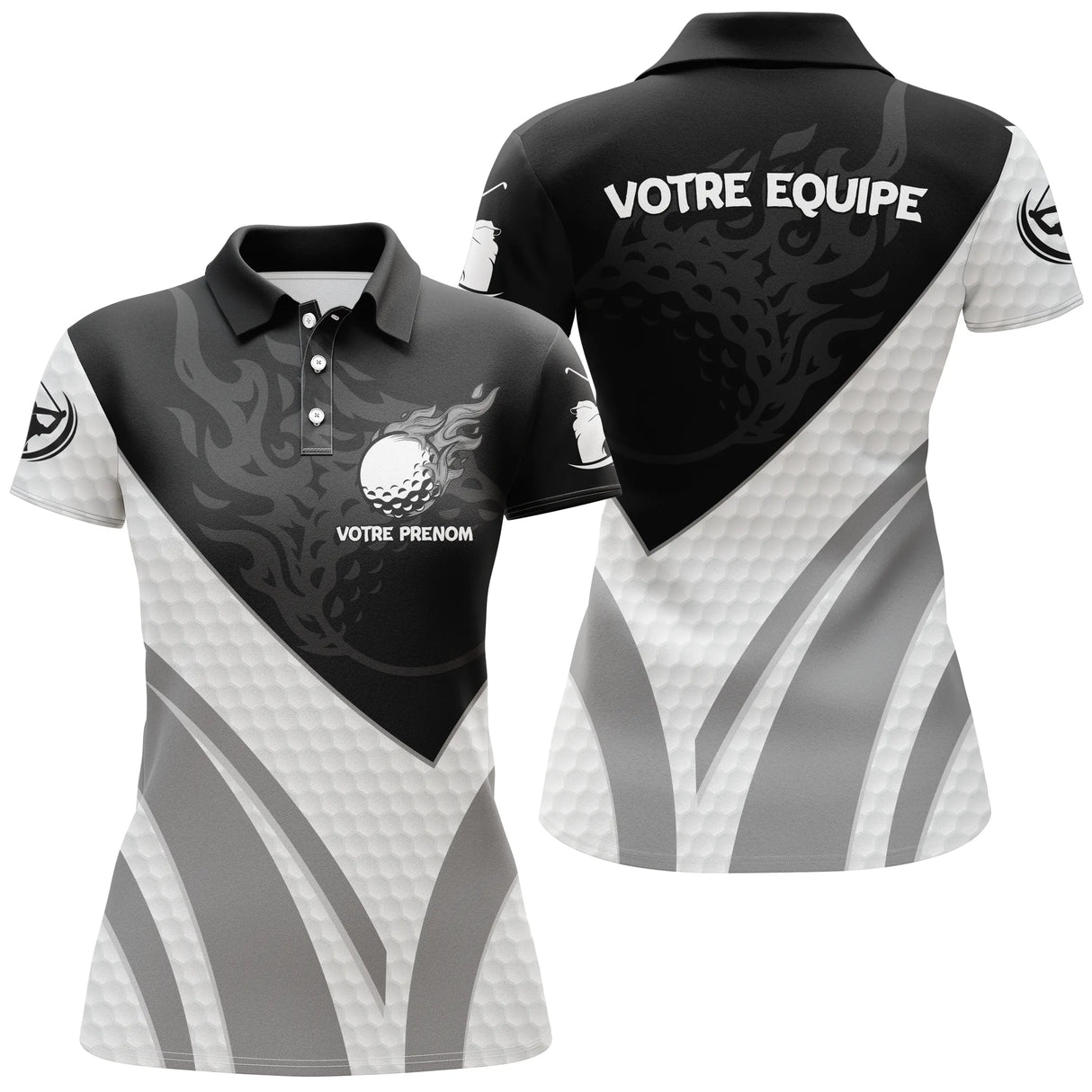 Polo golf personnalisé femme noir et blanc en coupe ajustée avec balle enflammée et marquage prénom