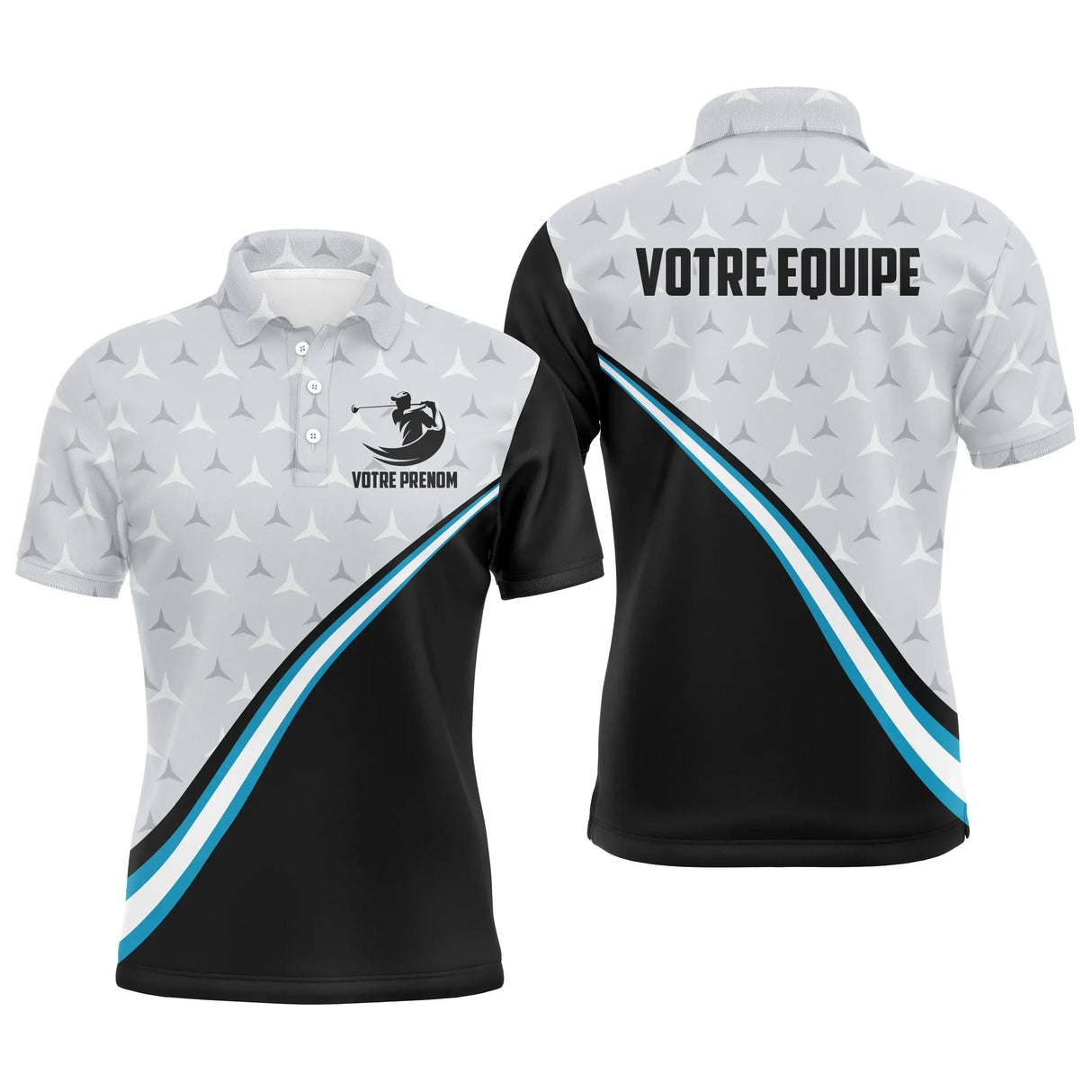 Polo golf personnalisable homme blanc et bleu avec motif étoiles graphiques et silhouette golfeuse