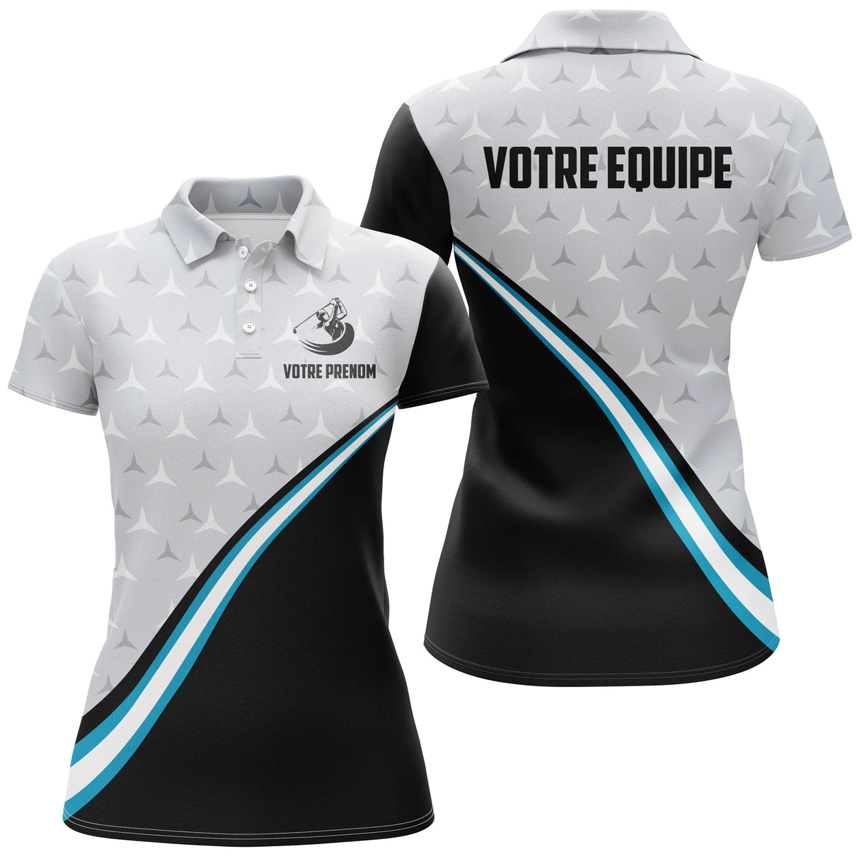 Polo golf personnalisable femme blanc et bleu en coupe ajustée avec silhouette golfeuse et bande bleue