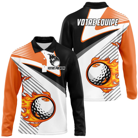 Polo de Golf Personnalisé Équipe – Design Flamme & Prénom – Manches Courtes ou Longues - A10092408 - Polo homme manches longues