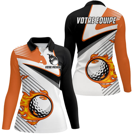 Polo de Golf Personnalisé Équipe – Design Flamme & Prénom – Manches Courtes ou Longues - A10092408 - Polo femme manches longues