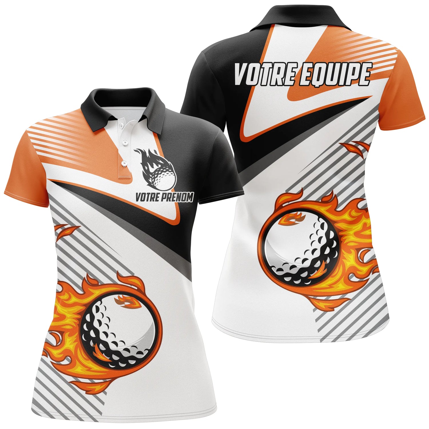 Polo de Golf Personnalisé Équipe – Design Flamme & Prénom – Manches Courtes ou Longues - A10092408 - Polo femme