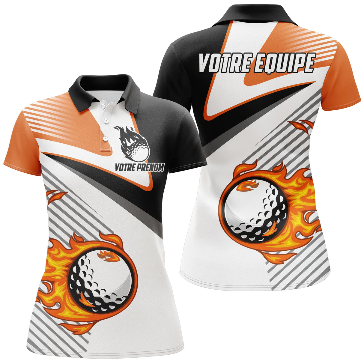 Polo manches longues Femme golf personnalisé orange et noir avec balle en flamme et prénom brodé