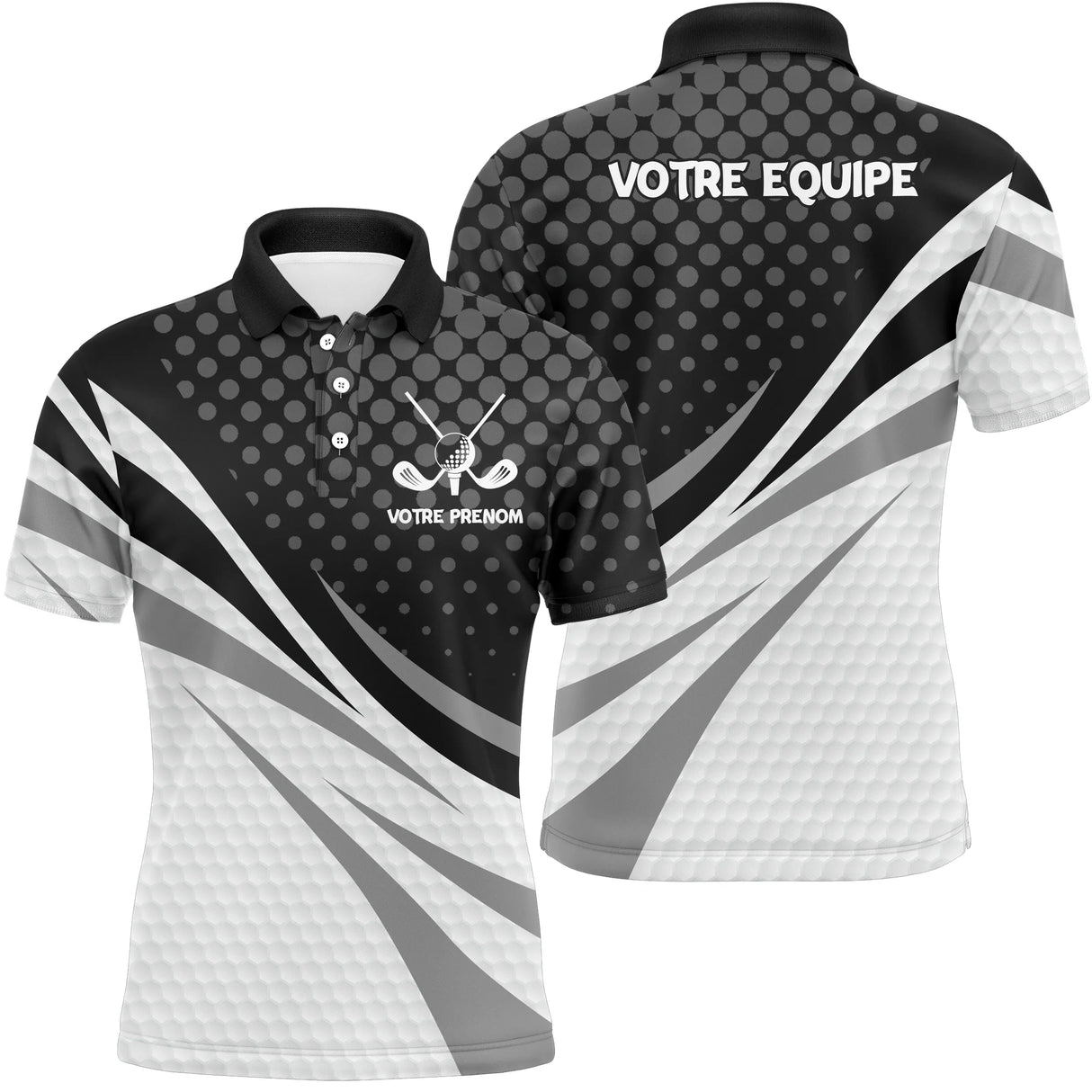 Polo manches courtes Femme golf personnalisé noir et blanc avec clubs croisés et prénom au cœur