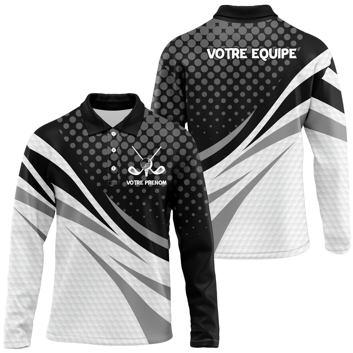 Polo manches courtes Homme golf personnalisé noir et blanc avec clubs de golf et logo club