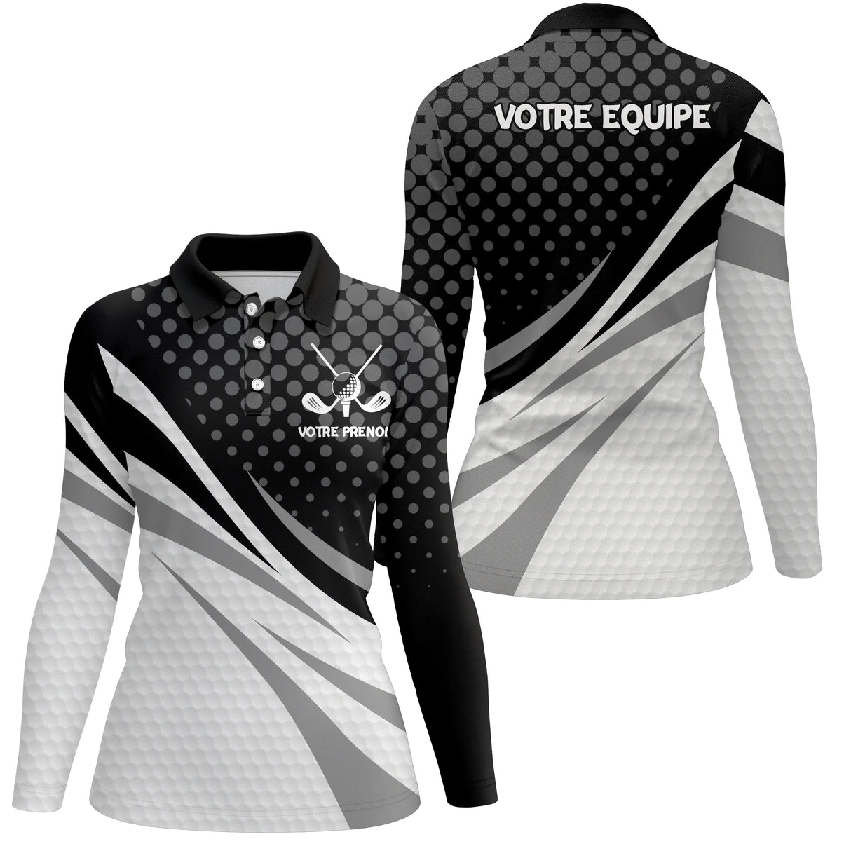 Polo manches longues Homme golf personnalisé noir et blanc design moderne et prénom brodé