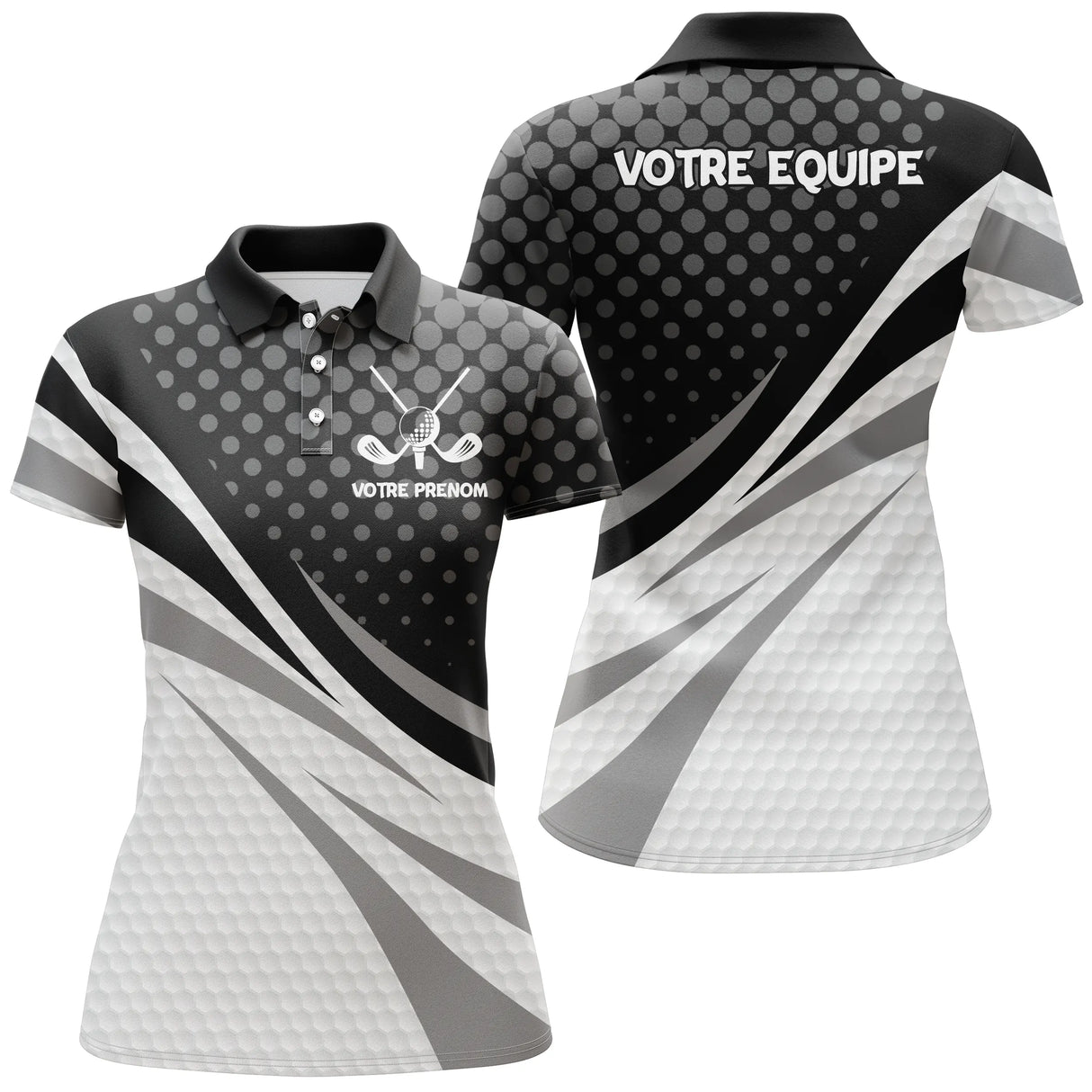 Polo manches longues Femme golf personnalisé noir et blanc design balle texturée et nom d'équipe