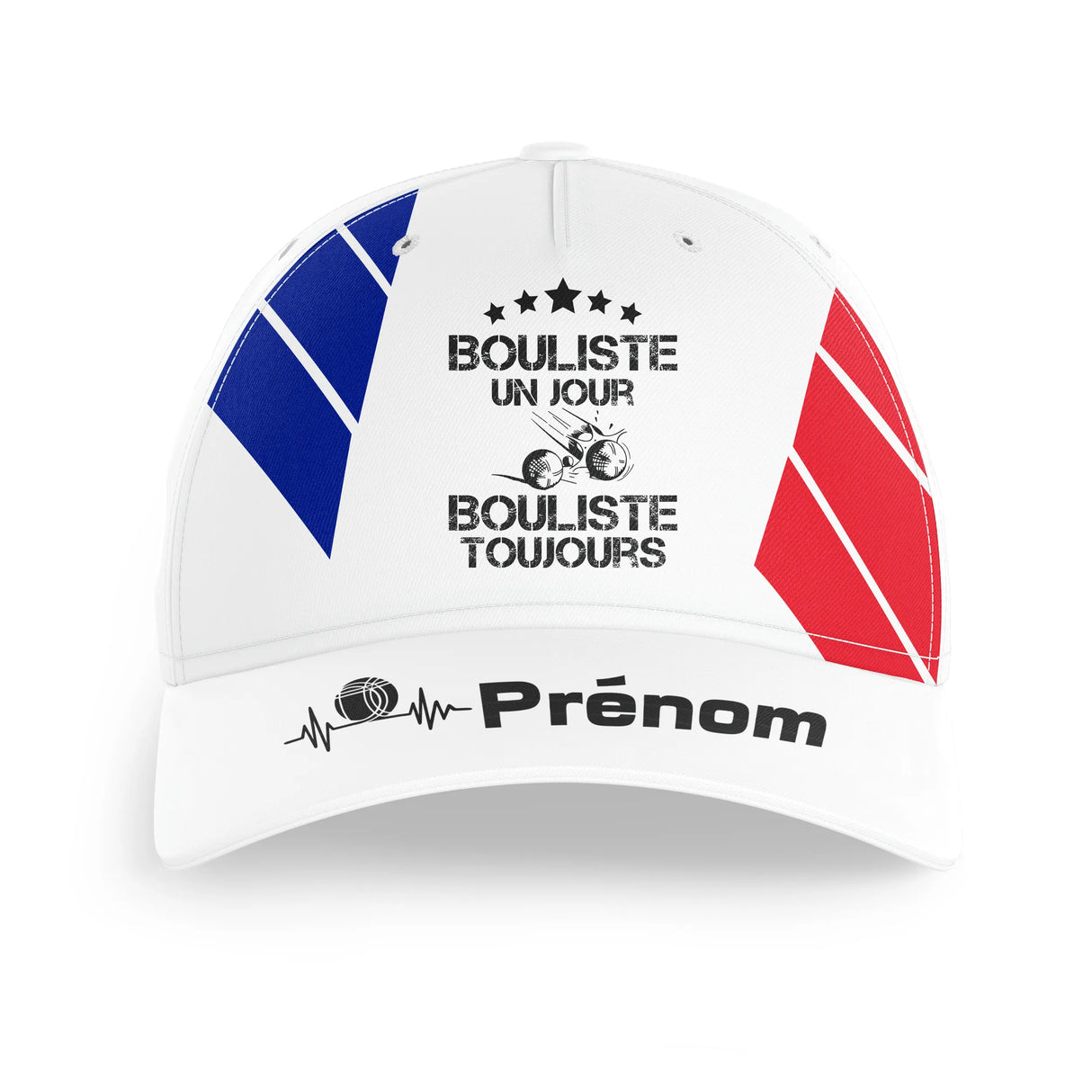 Casquette pétanque tricolore blanc bleu rouge, vue alternative avec losanges colorés et marquage prénom personnalisé