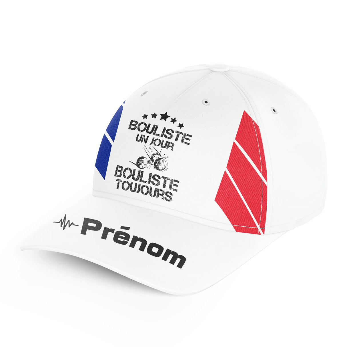 Casquette pétanque personnalisée blanc bleu et rouge avec slogan « Bouliste un jour, toujours » et prénom sur visière