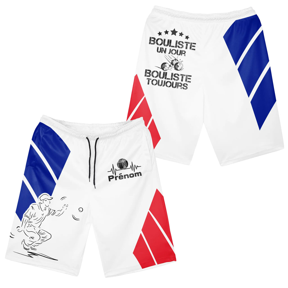 Short all-over pétanque tricolore blanc design joueur silhouette slogan bouliste passionné