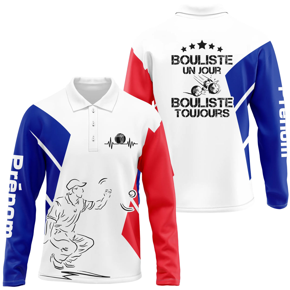 Polo pétanque Homme blanc et tricolore avec joueur silhouette slogan bouliste passionné prénom