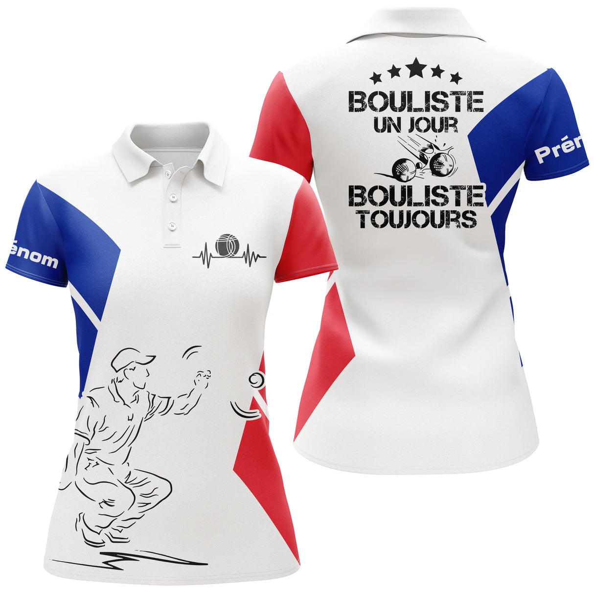 Polo manches longues Femme pétanque blanc tricolore avec slogan bouliste un jour toujours
