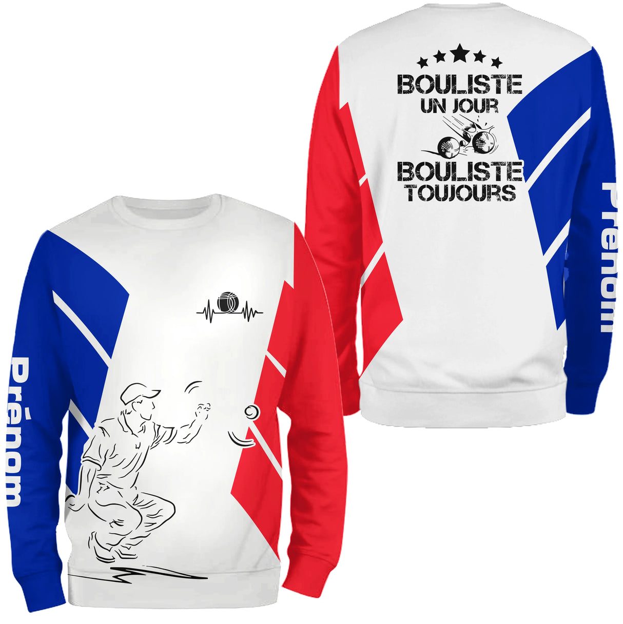Sweater All-Over pétanque blanc tricolore avec joueur silhouette et logo bouliste passionné