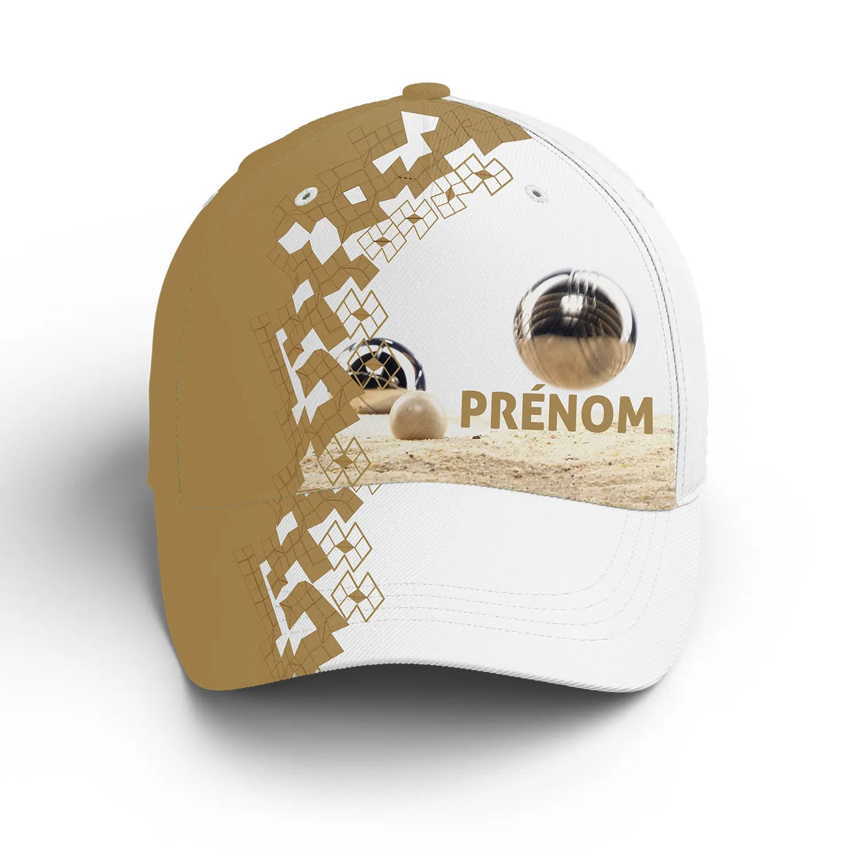 Casquette pétanque beige boule métallique pixel décoratif prénom broderie côté unisexe personnalisée