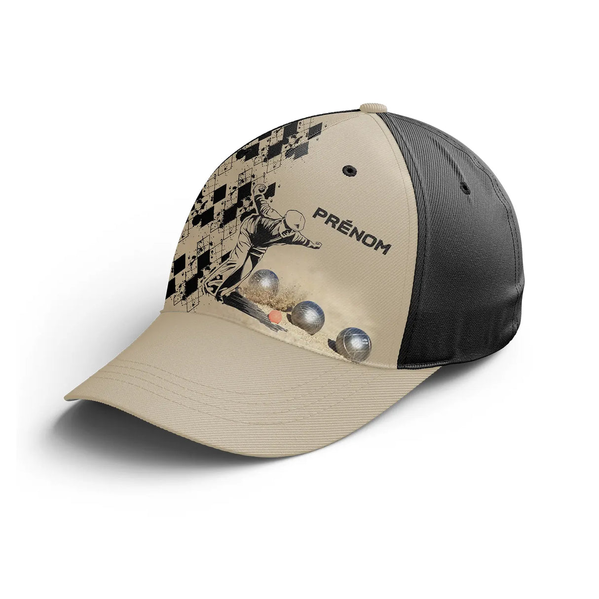 Casquette pétanque sable joueur lancer boules métalliques prénom côté broderie bouliste personnalisée