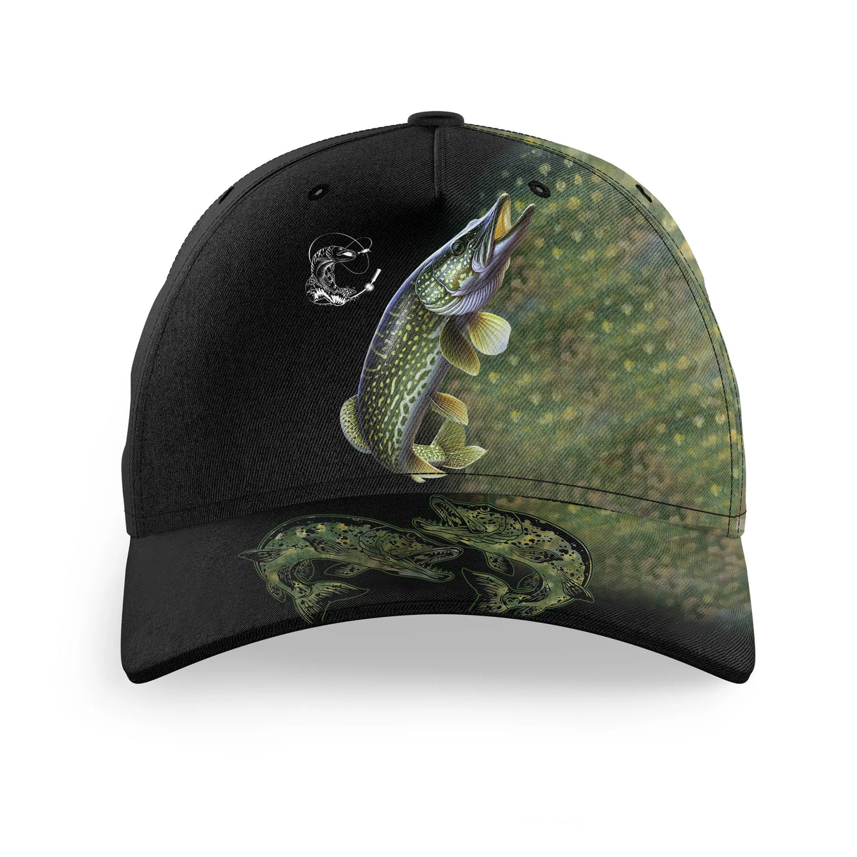Casquette brochet all-over peau réaliste vert ocre traqueur carnassier étang unisexe