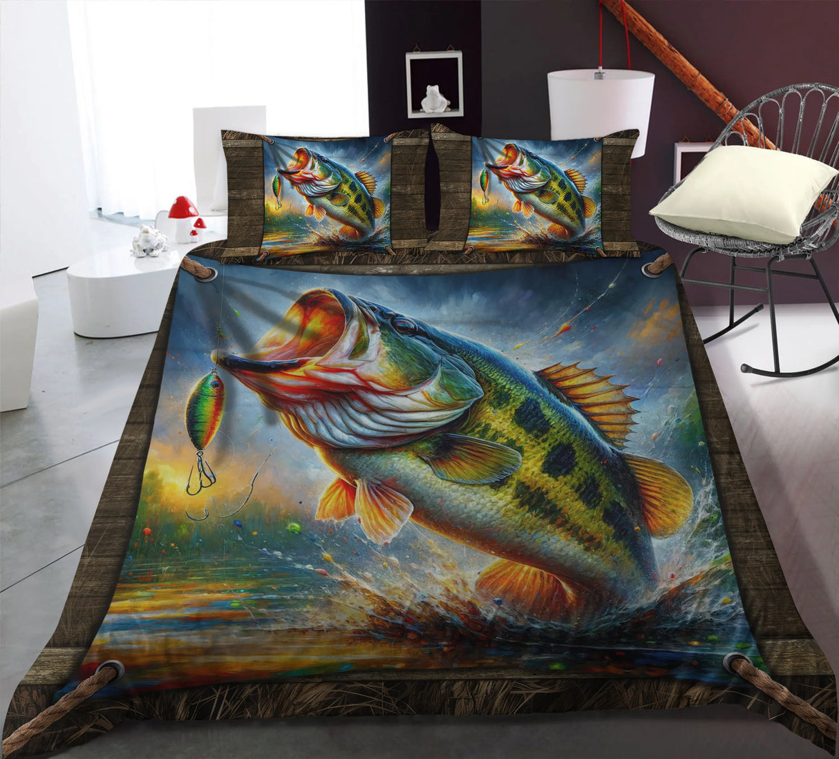 Housse de couette pêche bar avec illustration peinte loup argenté bondissant au coucher de soleil et deux taies d oreiller