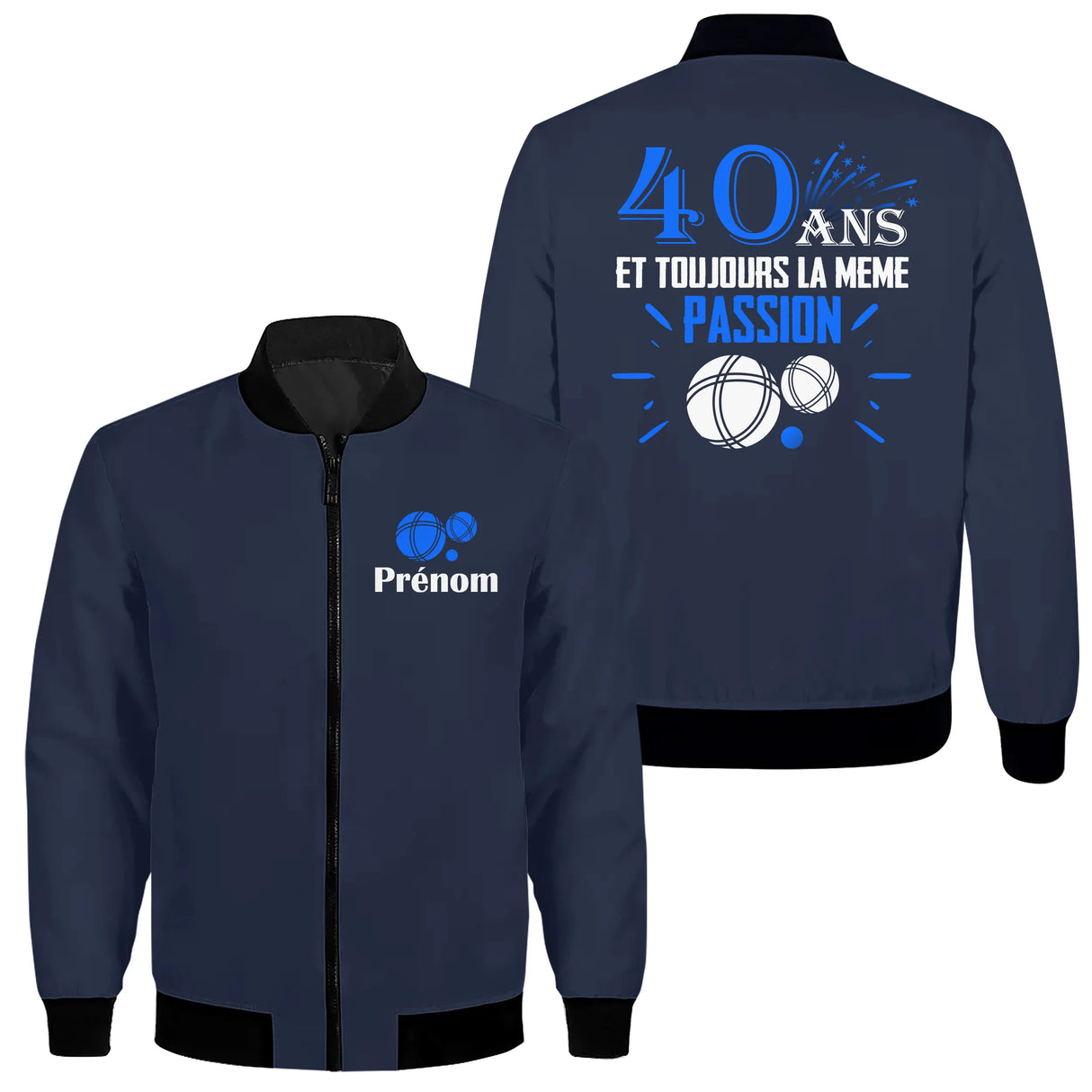 Veste zippée 40 ans pétanque bleu marine slogan 40 Ans passion bouliste feux artifice