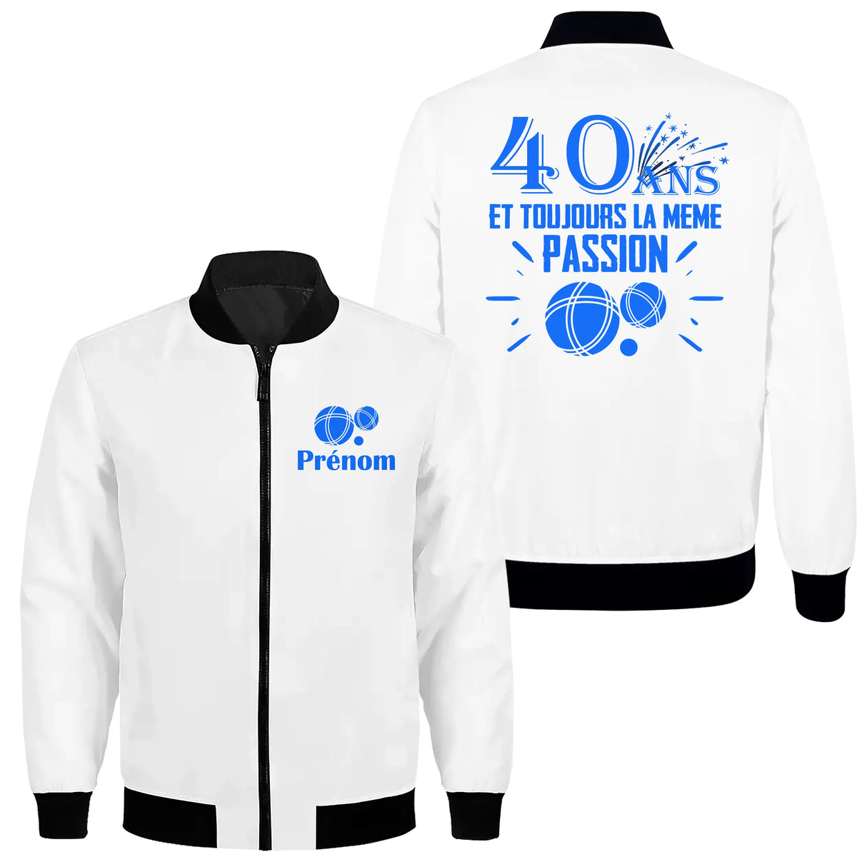 Veste zippée 40 ans pétanque blanche avec slogan 40 Ans toujours même passion bouliste