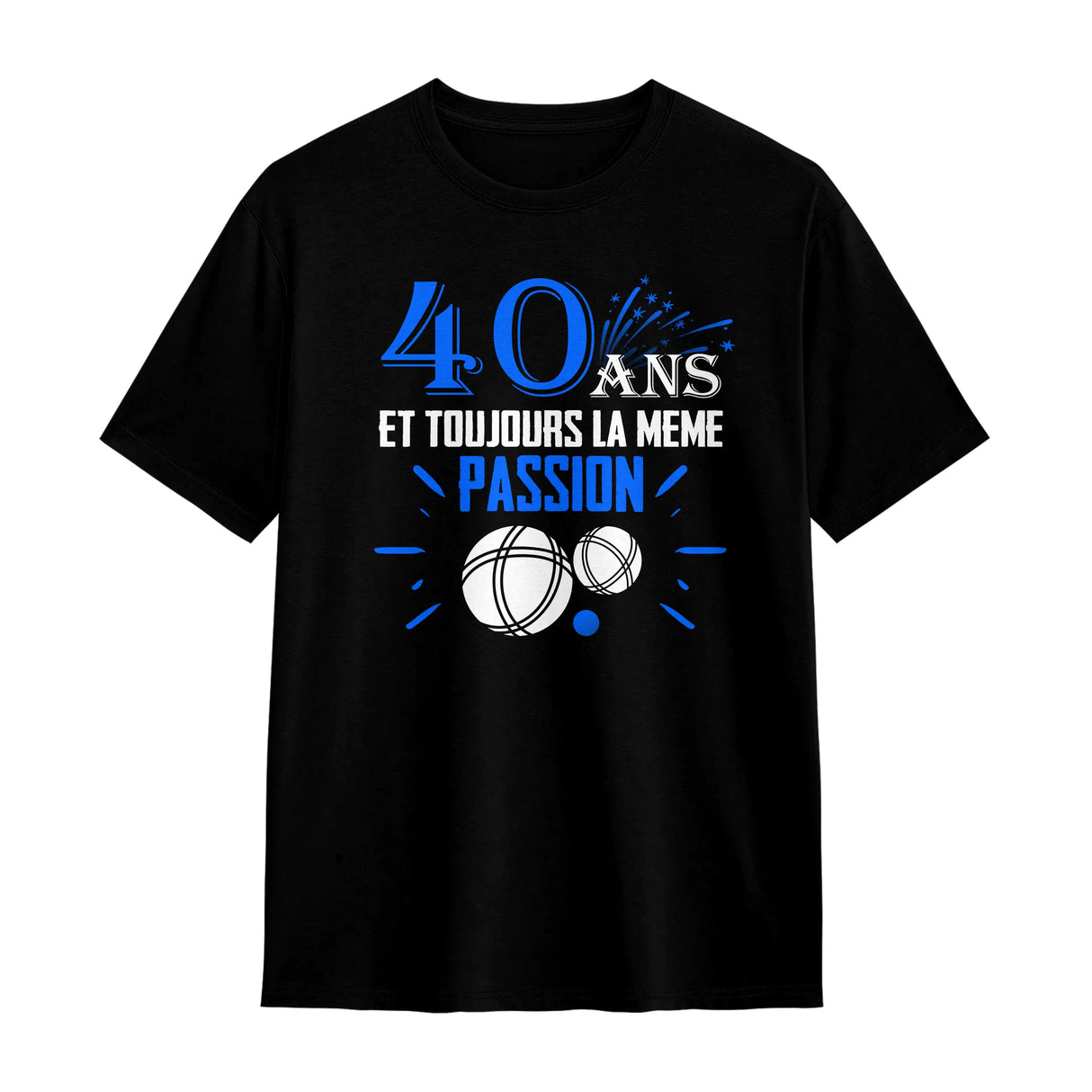 T-shirt 40 ans pétanque noir avec slogan 40 Ans passion bouliste typographie bleu vif