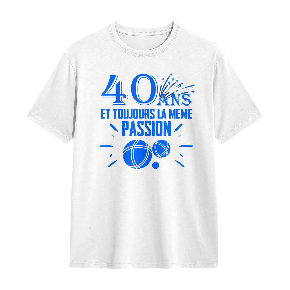T-shirt 40 ans pétanque blanc avec slogan 40 Ans même passion typographie bleue boules