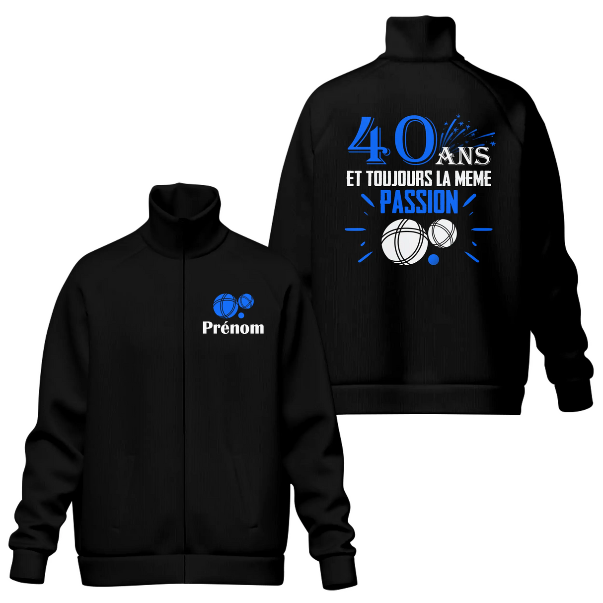 Veste col montant 40 ans pétanque noire avec slogan 40 Ans typographie bleue feux artifice
