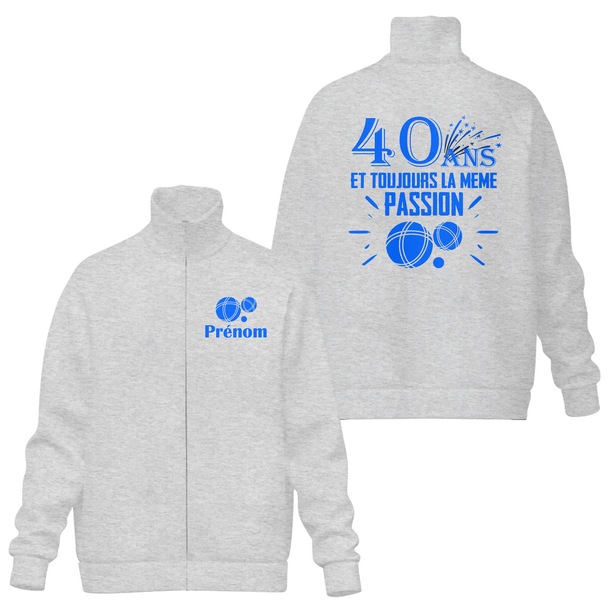 Veste col montant 40 ans pétanque grise avec slogan 40 Ans même passion bouliste boules