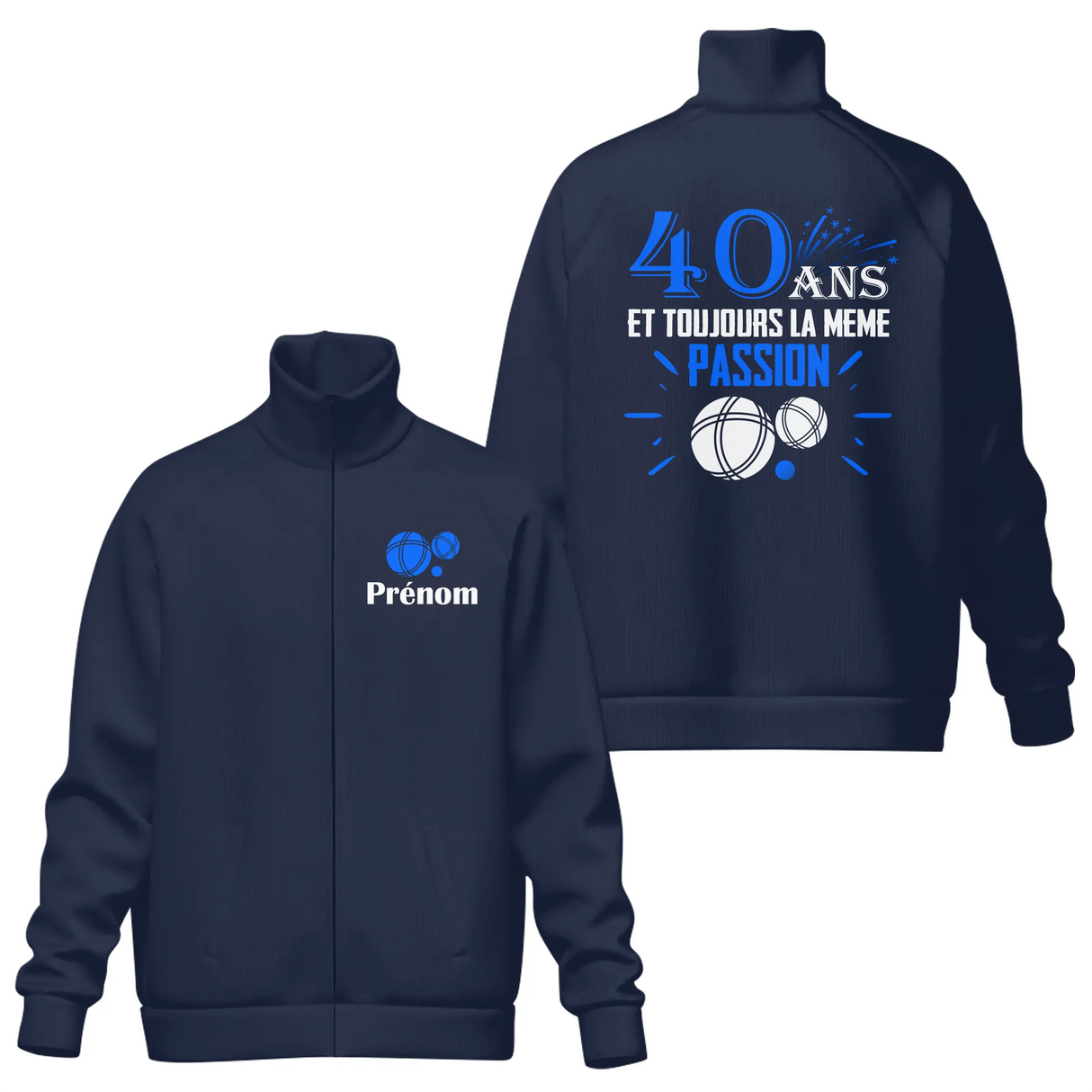 Veste col montant 40 ans pétanque bleu marine avec slogan 40 Ans passion typographie bleue