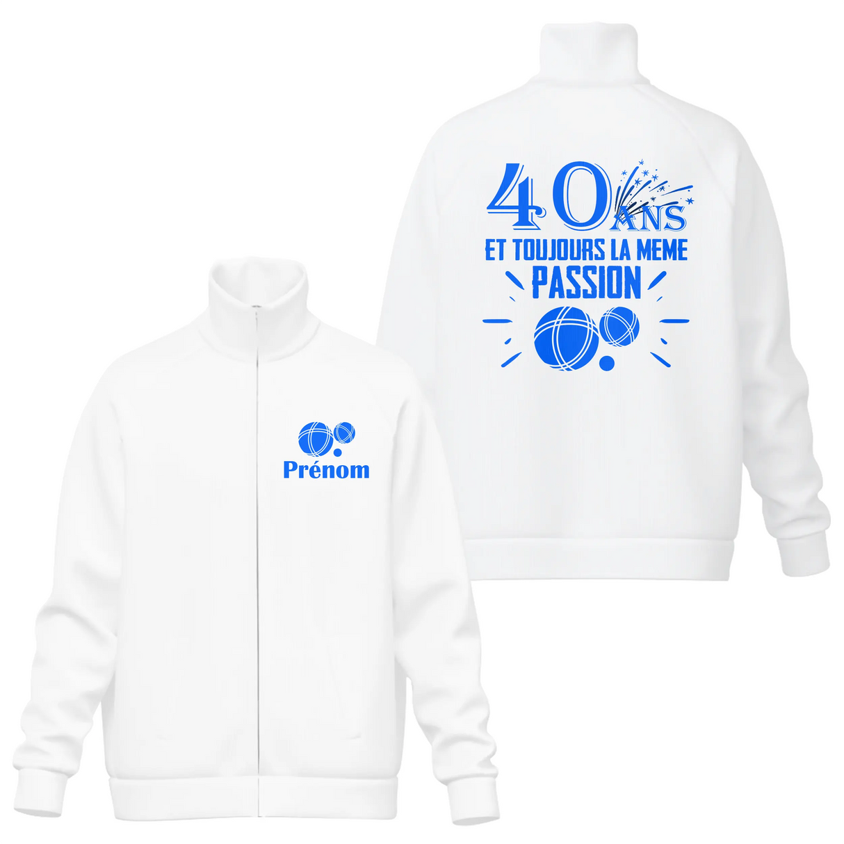 Veste col montant 40 ans pétanque blanche slogan 40 Ans typographie bleue boules stylisées