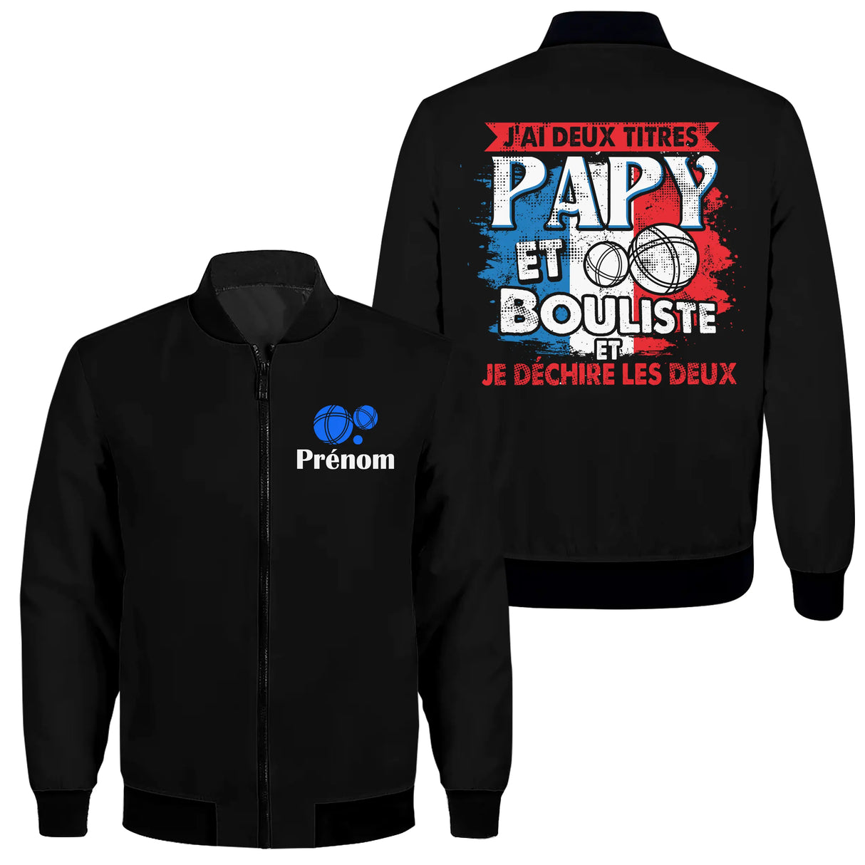 Veste zippée Papy Bouliste noire avec slogan tricolore Papy Bouliste je déchire les deux