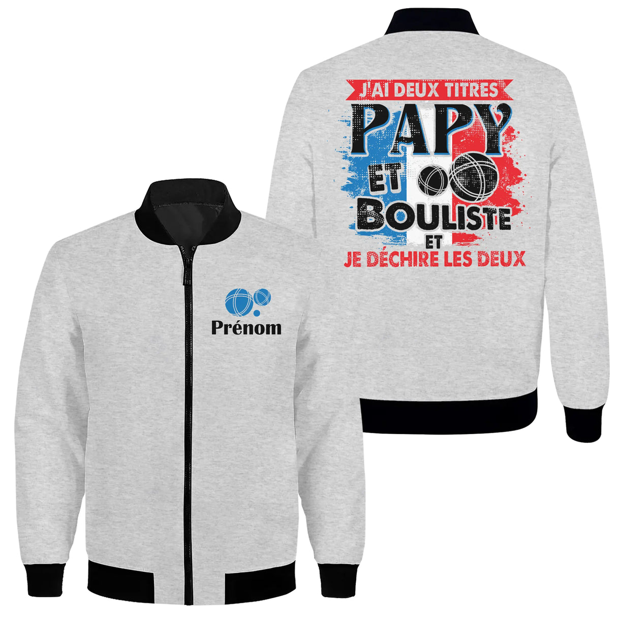 Veste zippée Papy Bouliste grise avec slogan tricolore J'ai deux titres et boules stylisées