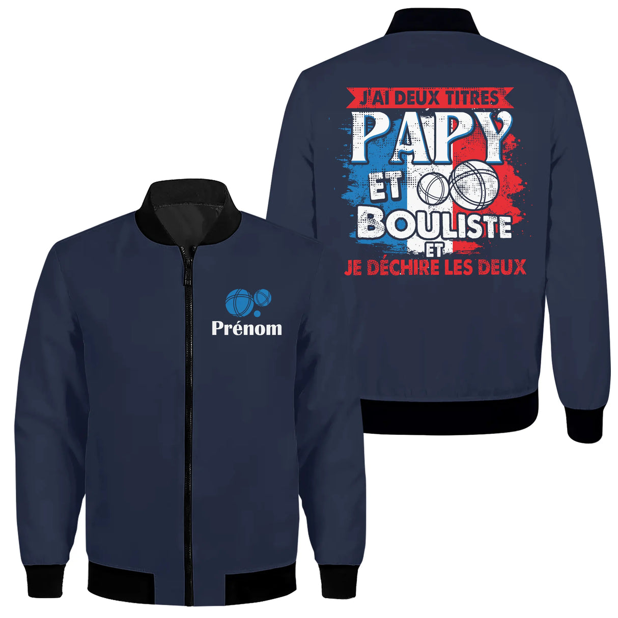 Veste zippée Papy Bouliste bleu marine avec slogan tricolore J'ai deux titres Papy Bouliste
