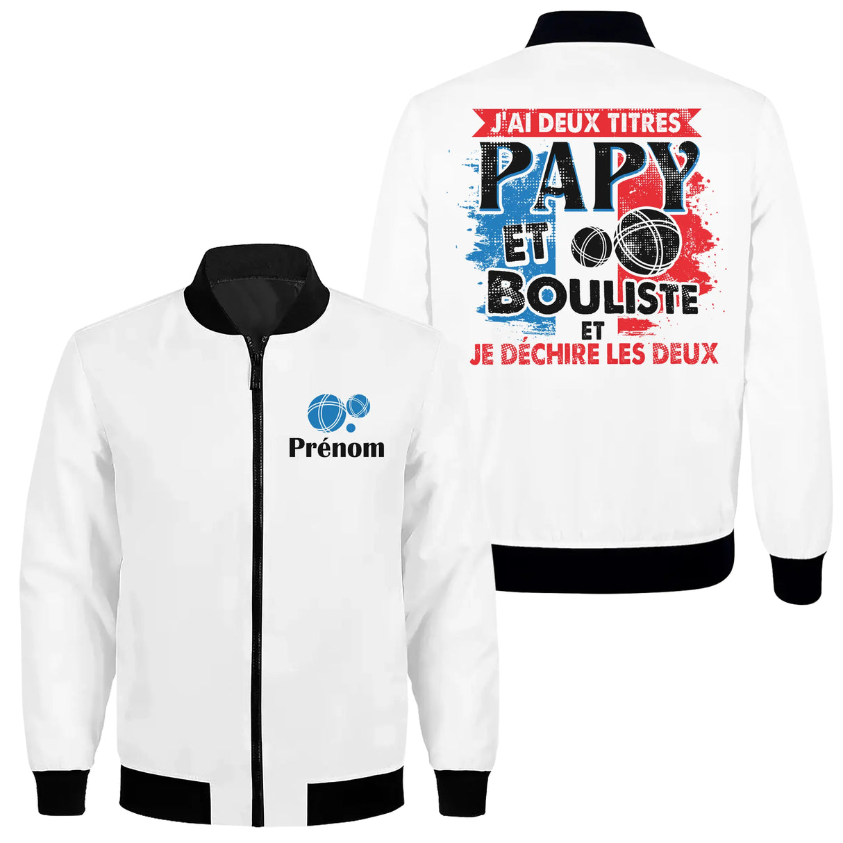 Veste zippée Papy Bouliste blanche avec slogan tricolore Papy Bouliste effet déchirure