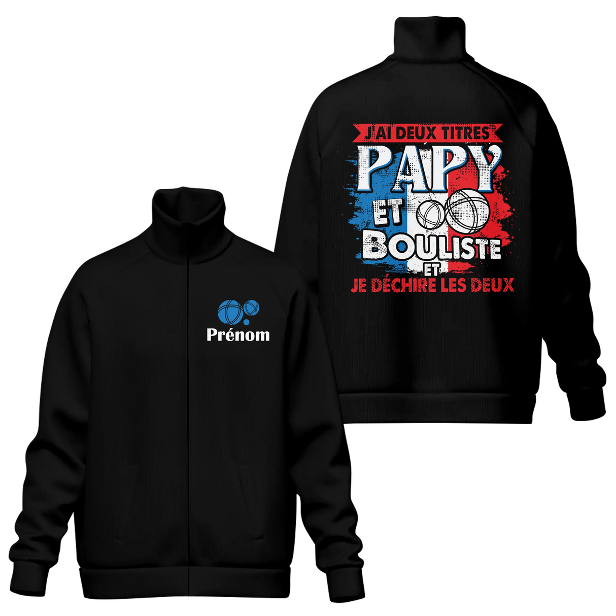 Veste col montant Papy Bouliste noire avec slogan tricolore Papy Bouliste effet déchirure