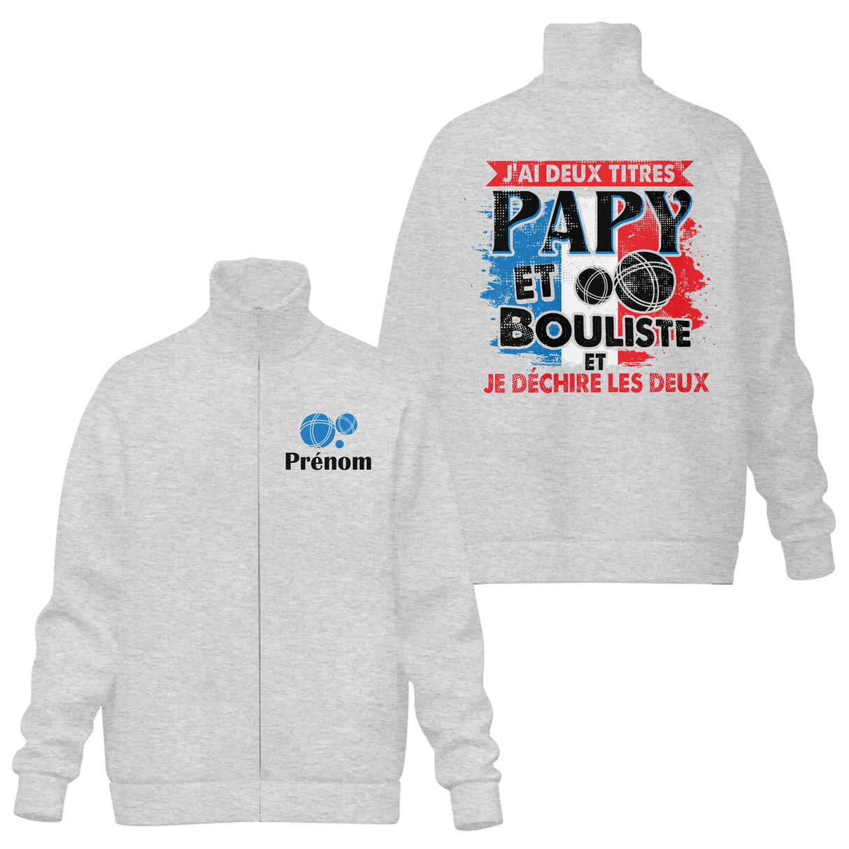 Veste col montant Papy Bouliste grise avec slogan tricolore Papy Bouliste typographie blanche