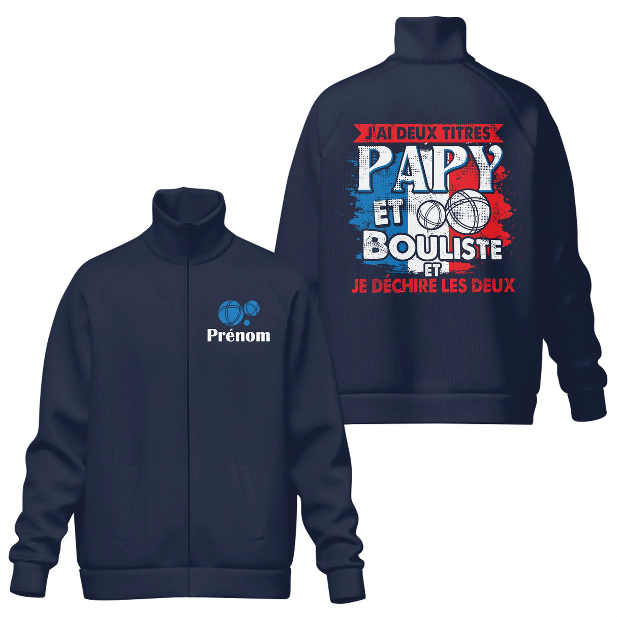 Veste col montant Papy Bouliste bleu marine slogan tricolore Papy Bouliste je déchire