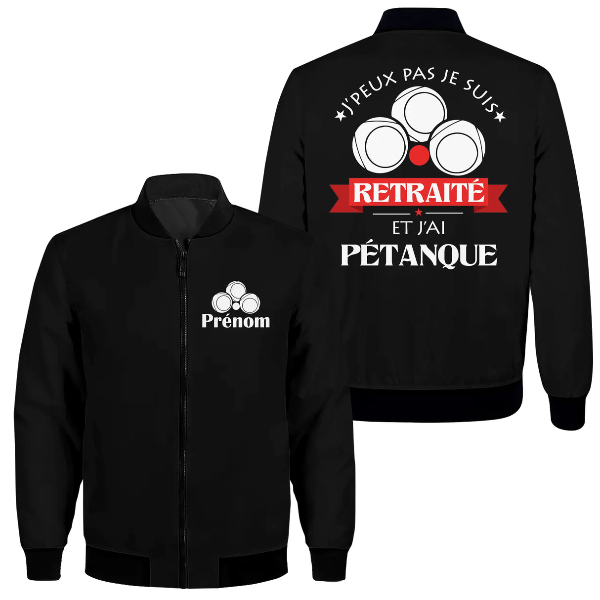 Veste zippée pétanque retraité noire avec slogan J'peux pas je suis Retraité bannière rouge