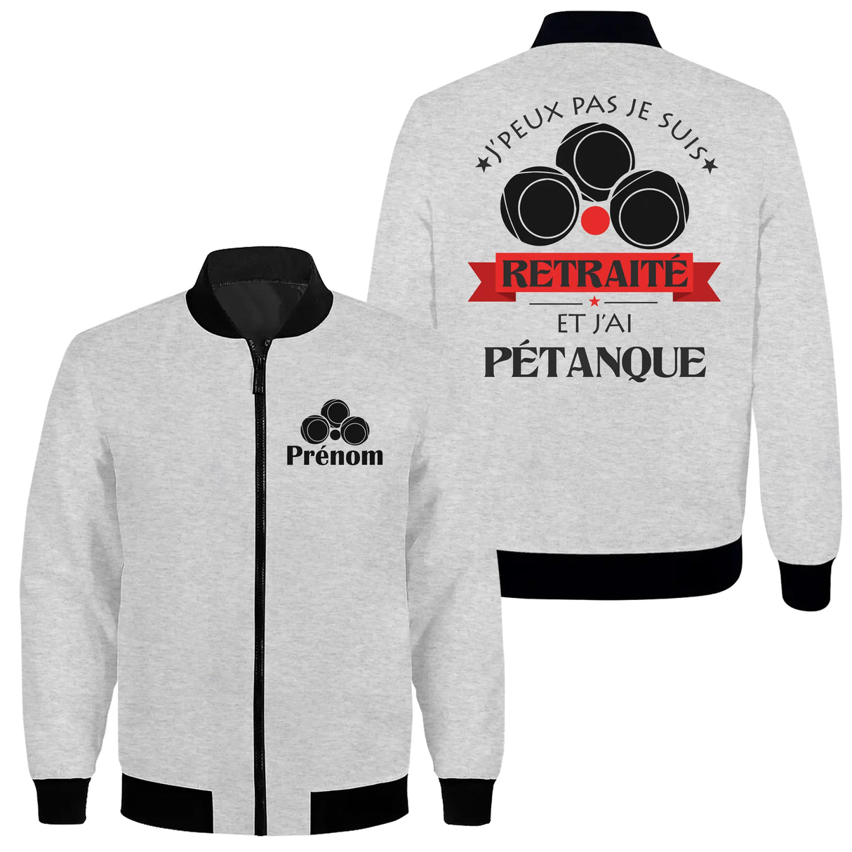 Veste zippée pétanque retraité grise avec slogan J'peux pas Retraité bannière rouge boules