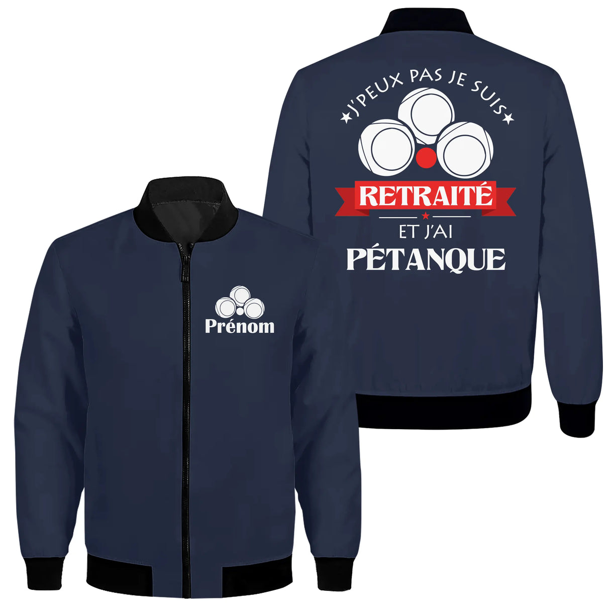 Veste zippée pétanque retraité bleu marine avec slogan Retraité et trois boules stylisées blanches