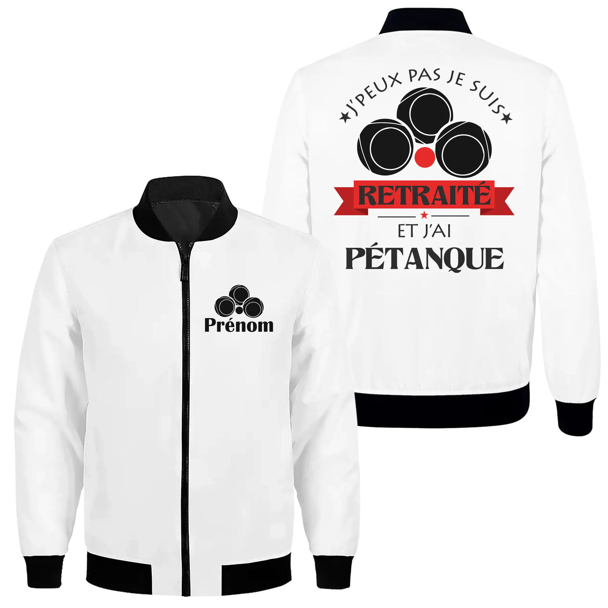 Veste zippée pétanque retraité blanche avec slogan Retraité typographie noire bannière rouge