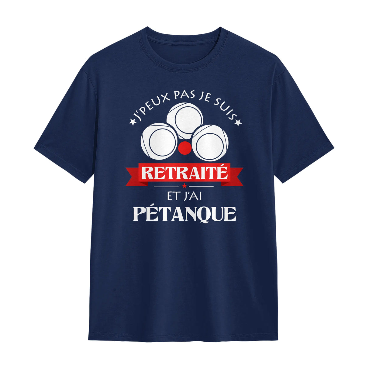 T-shirt pétanque retraité bleu marine slogan Retraité bannière rouge et boules stylisées